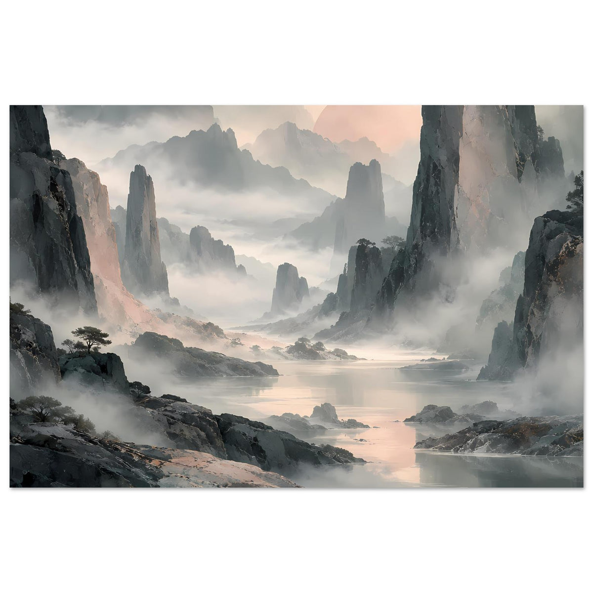 Gerahmtes Querformat-Poster: dunkle Felsen im Nebel vor Pastellhimmel