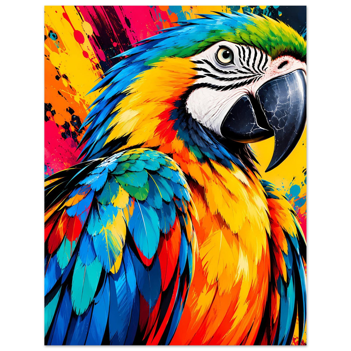 Parrot-Splash-Art Poster, Ara blickt seitlich; farbige Flügel und Schwanzfedern