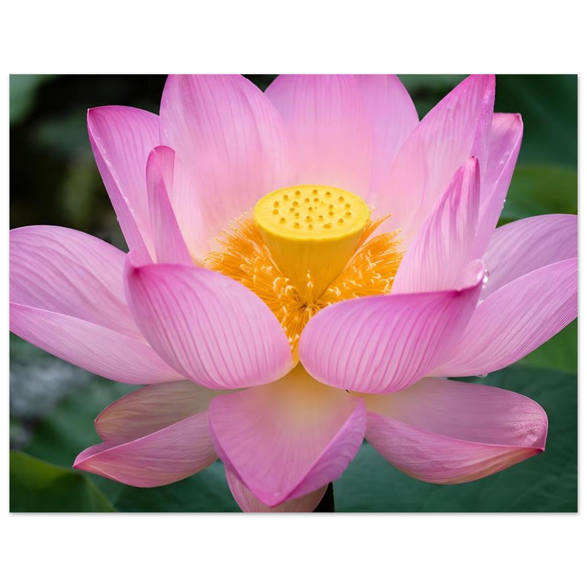 Horizontales Poster mit rosa Lotusblüte und gelbem Zentrum, großer Blütenausschnitt