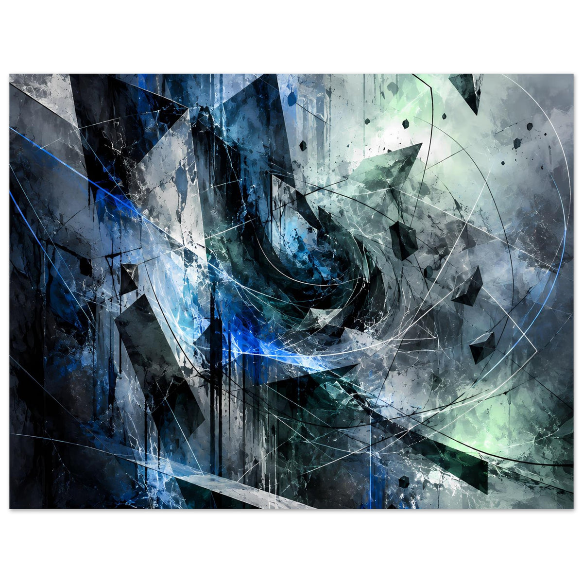 Abstraktes Kunstposter mit blauem und grünem Wirbel, Kreisbogen und Polygonen