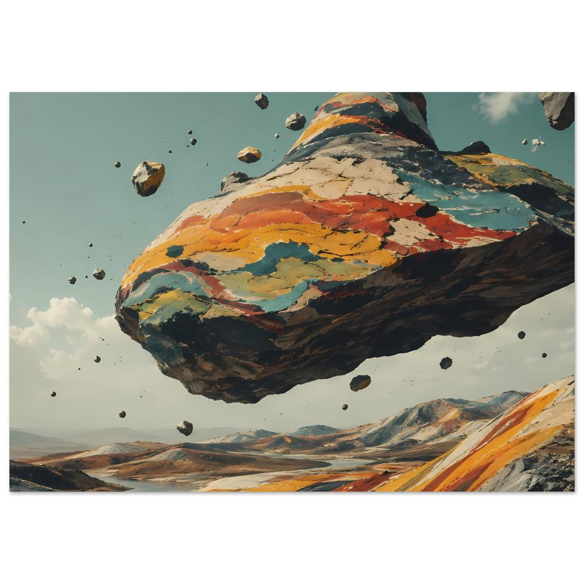 Poster im Querformat: schwebender Felsberg mit kräftig gemalten Erdtönen