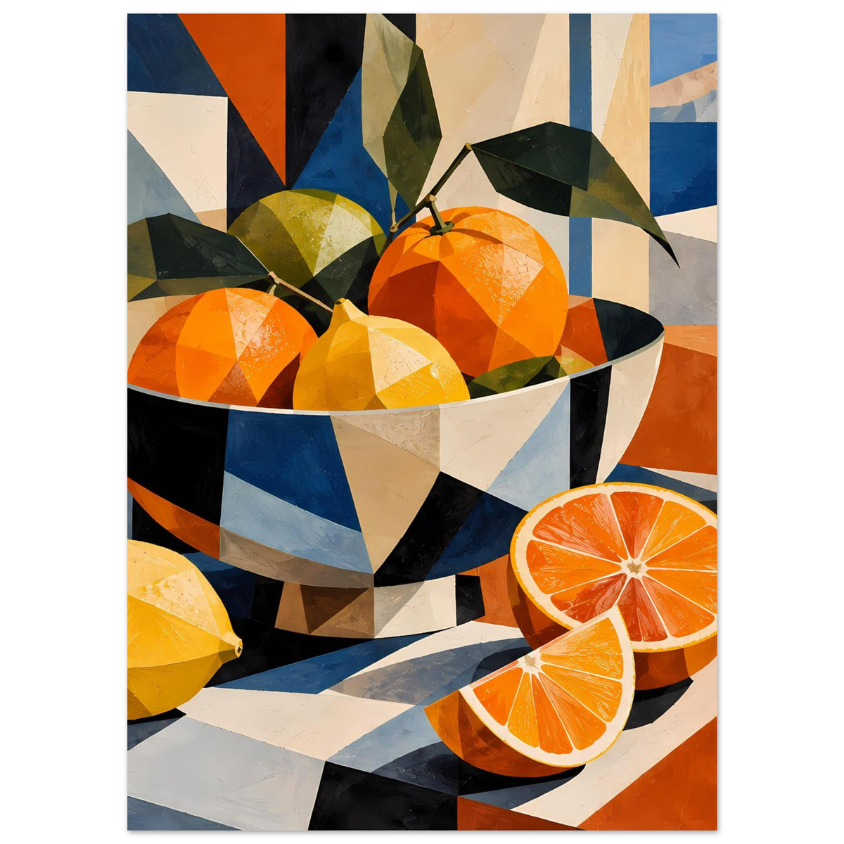 Poster-Zitrusmotiv: Orangen in Schale, links eine halbe Zitrone, unten Obstflächen mit geometrischen Formen.
