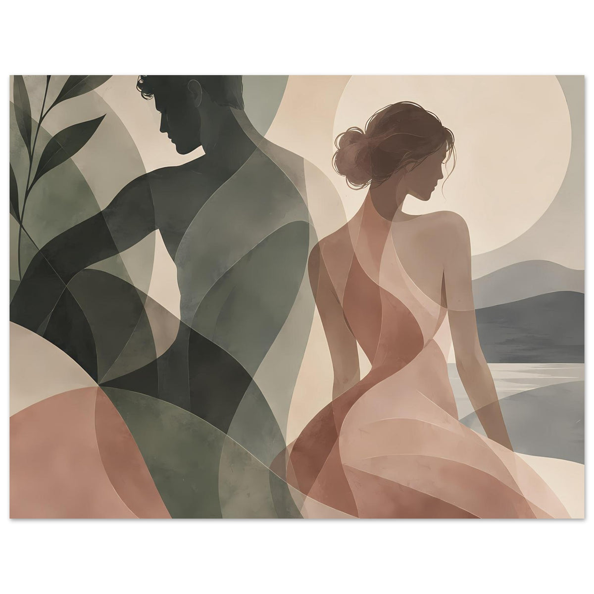 Liebesposter im Querformat mit zwei Frauen-Silhouetten und überlappenden Formen in Pastell.