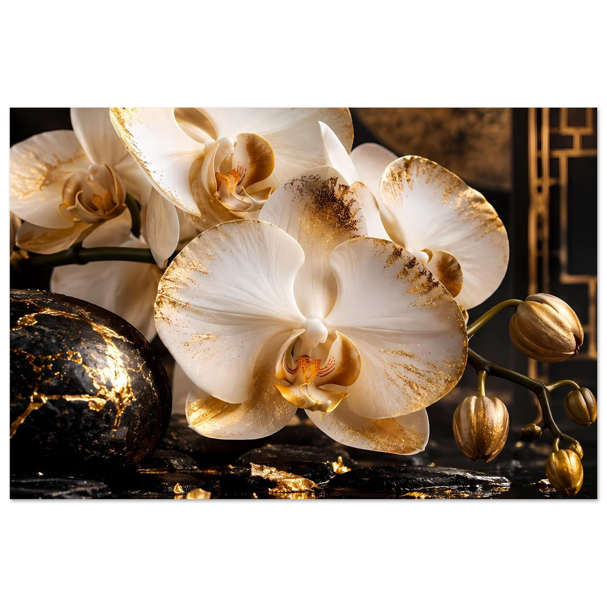 Poster: weiße Orchideenblüten mit goldenen Akzenten und goldenen Dekokugeln