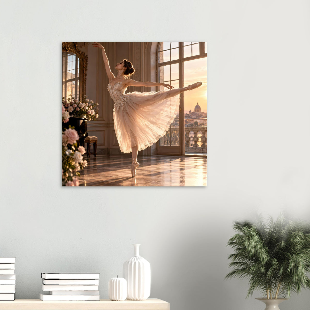 Poster mit Ballerina im weißen Tüllkleid auf Zehenspitzen, goldene Fensterkulisse