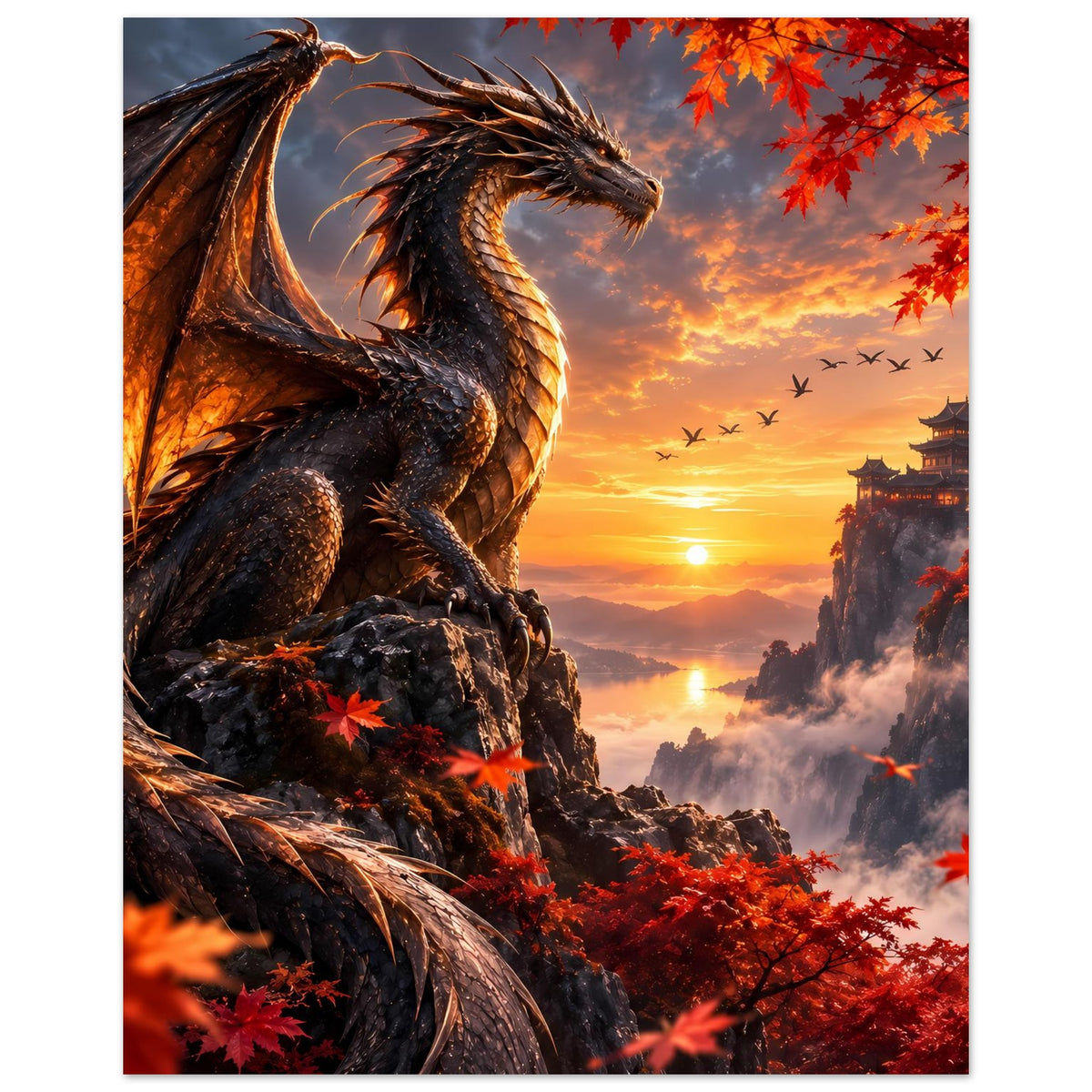 Poster: schwarzer Drache auf Felsen, rote Blätter im Vordergrund, Tempel im Sonnenuntergang