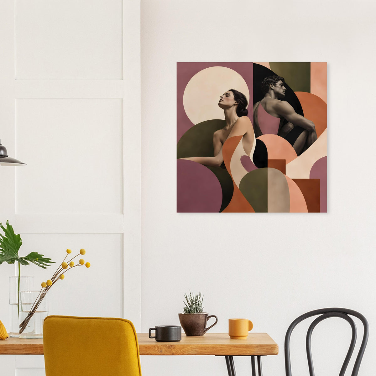 Abstraktes Paar-Figurenposter mit zwei Frauen, runde Formen und Terrakotta/Mauve-Kontraste