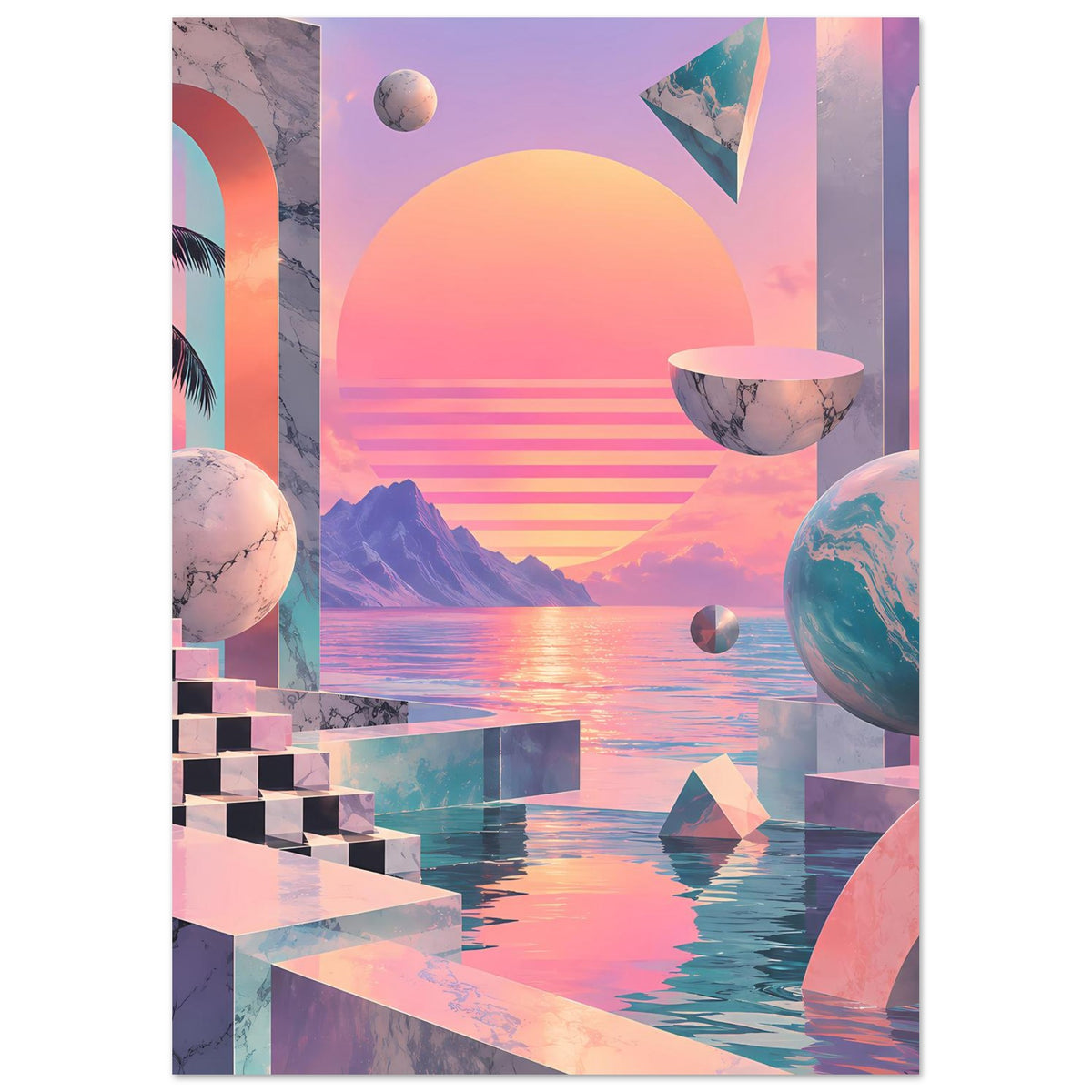 Landschafts-Poster mit Sonnenuntergang, Gebirgszügen, Planeten, Würfelstufen und abstrakten Bögen