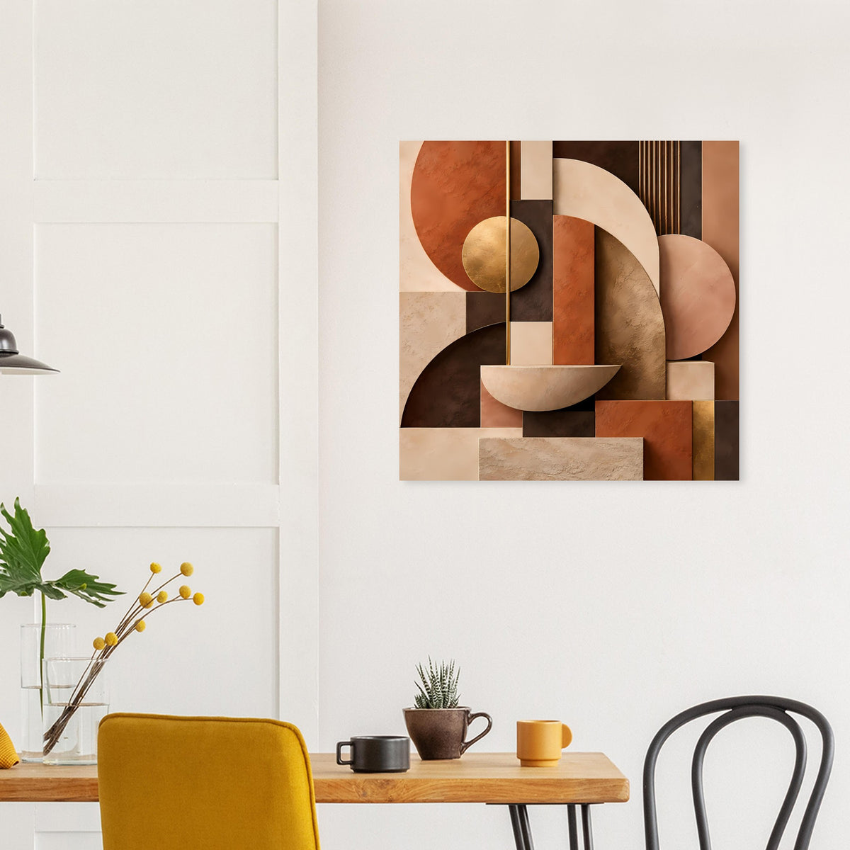 Quadratisches Kunstposter mit geometrischen Bögen und Rechtecken in Terrakotta und Beige