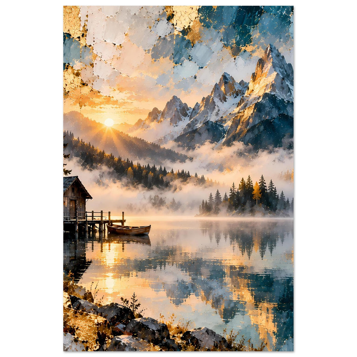 Wandposter mit Bergsee-Panorama, Sonnenaufgang über Gipfeln, Nebel und Seereflex