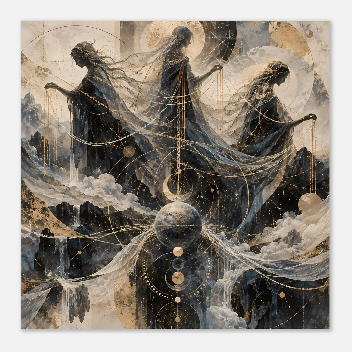 Wandposter im Querformat, mittig drei Gestalten mit langen Schleiern und goldenen Ornamenten