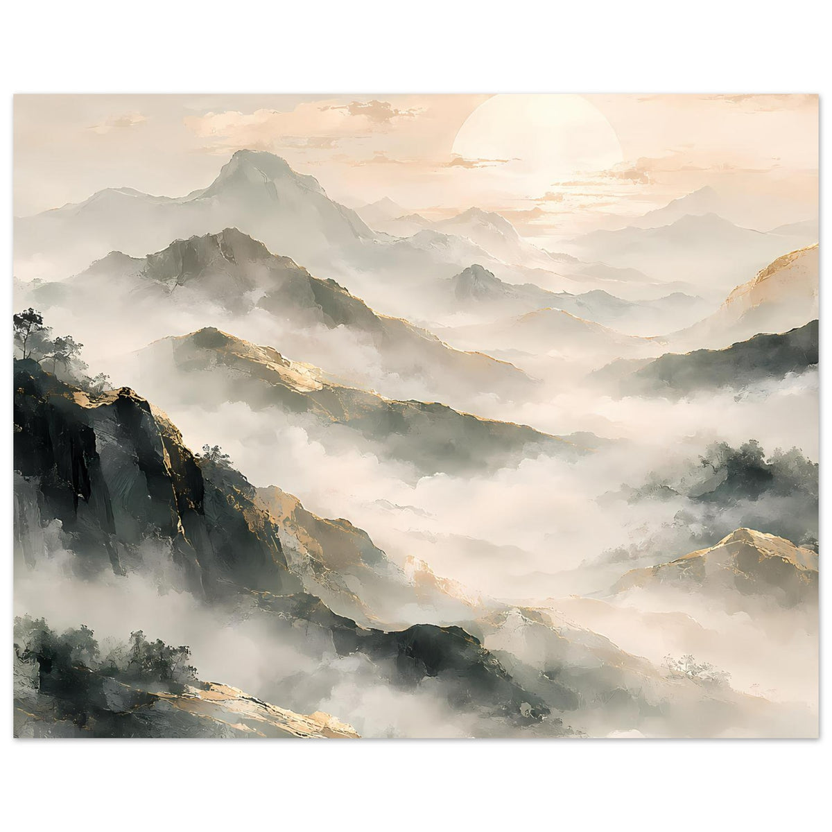 Horizontales Poster mit Berglandschaft und Sonnenaufgang, graugrüne Nebel und warme Highlights