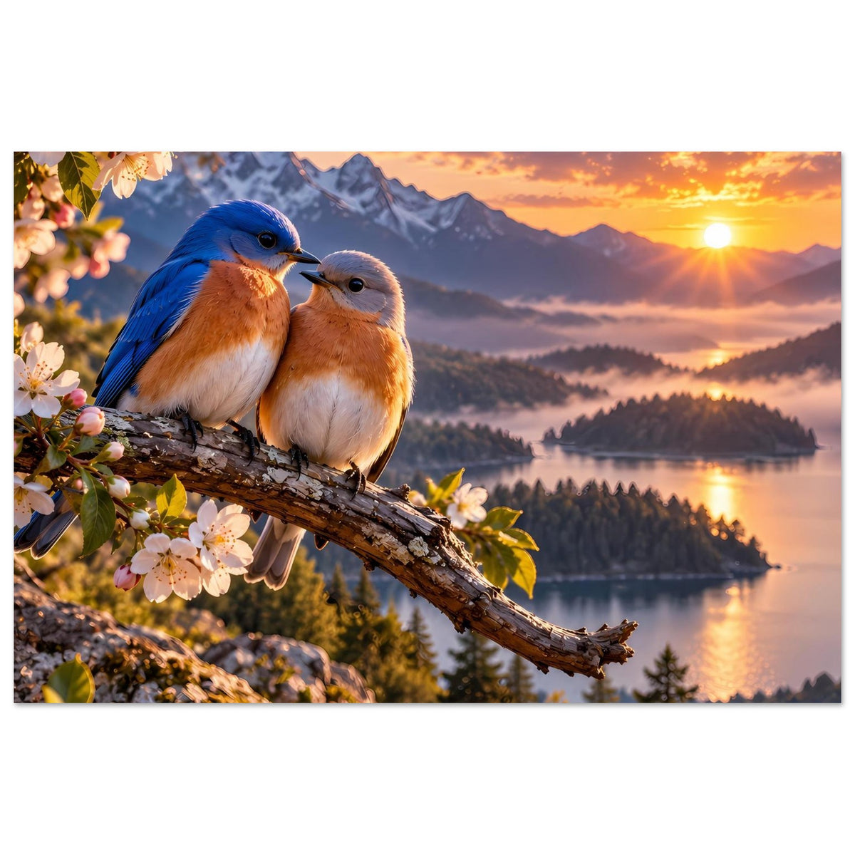 Querformat-Poster mit zwei Vögeln auf Ast und Blüten links, Sonnenuntergang am See