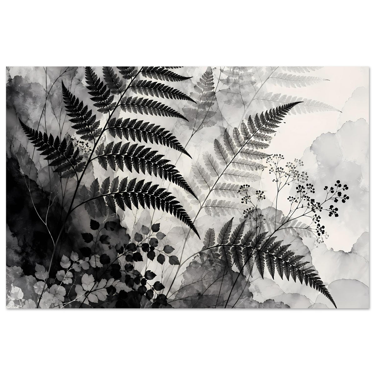 Botanisches Kunstposter mit Farnwedeln und Blättern in Schwarz-Weiß, ausgeglichenes Layout