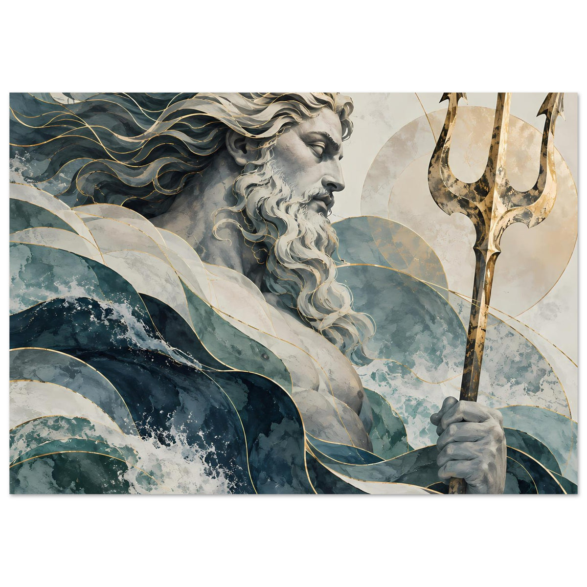 Neptun-Wandposter im Querformat mit Wellenmuster, Profilkopf und goldener Dreizackspitze