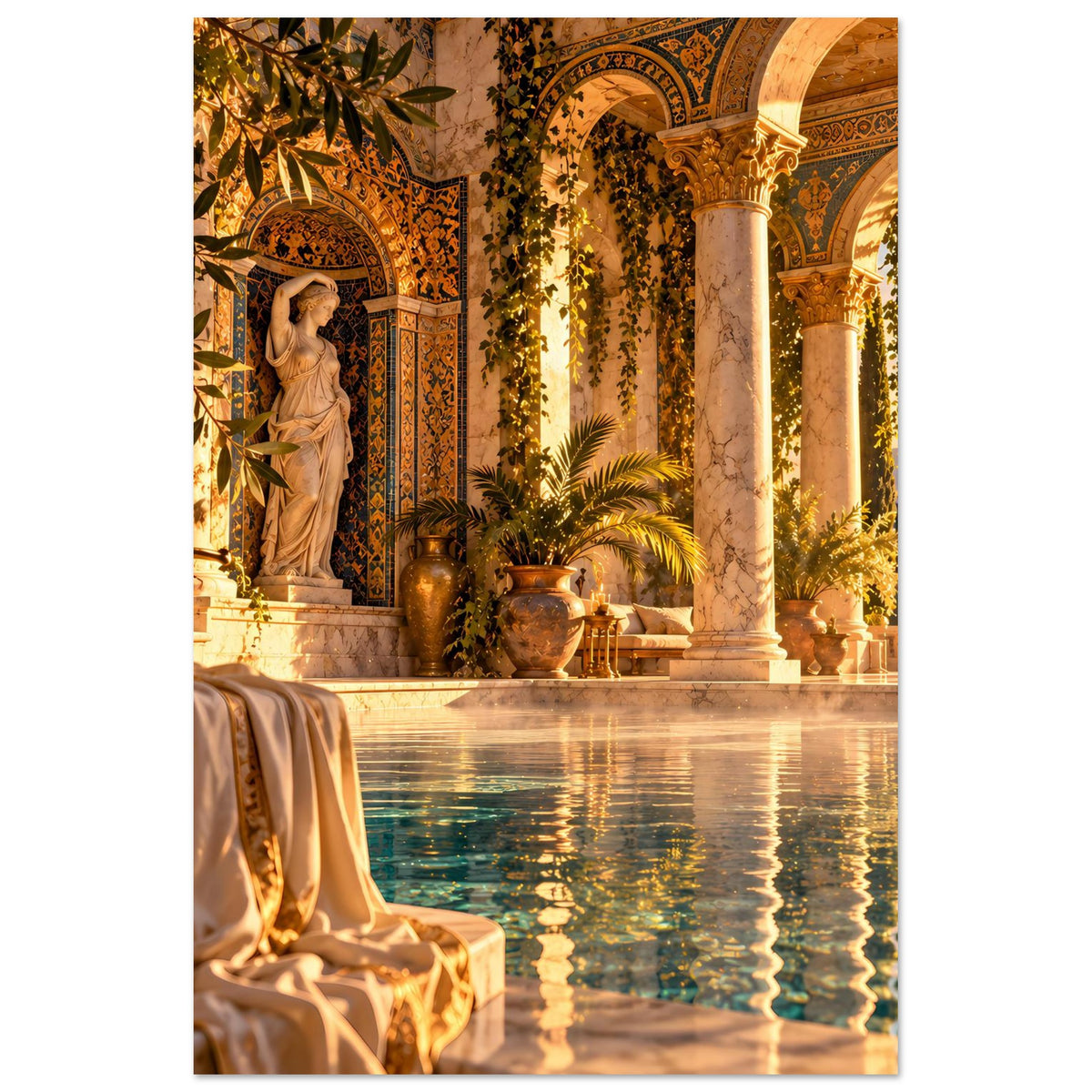 Mediterranes Pool-Poster mit Säulenbögen, Pflanzenarrangements, Figur und Wasser im Rahmen