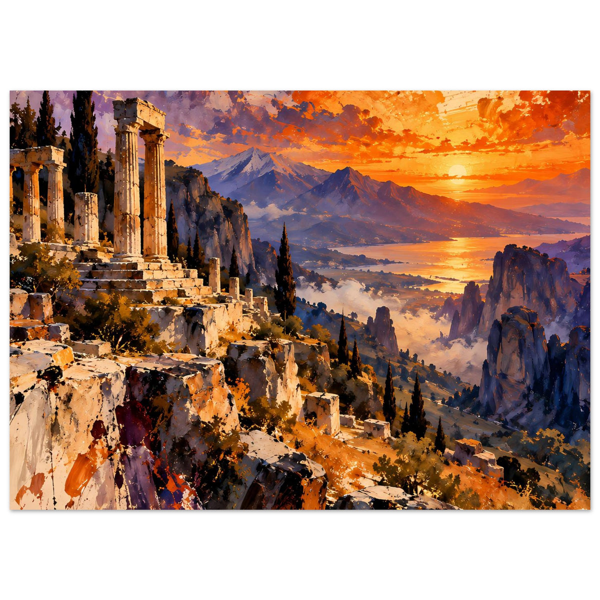 Premium-Mattposter mit antiken Säulenruinen und Sonnenuntergang, Querformat, kräftige orange-blau Akzente