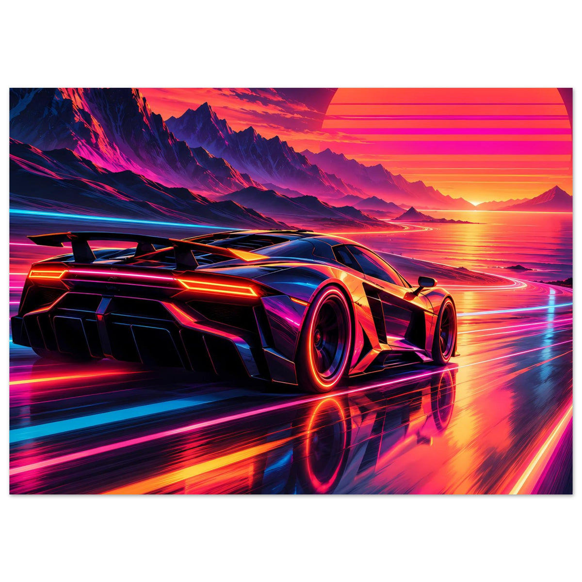 Horizontaler Druck: Neon-Supercar mit spiegelnder Reflexion und bunten Lichtstreifen