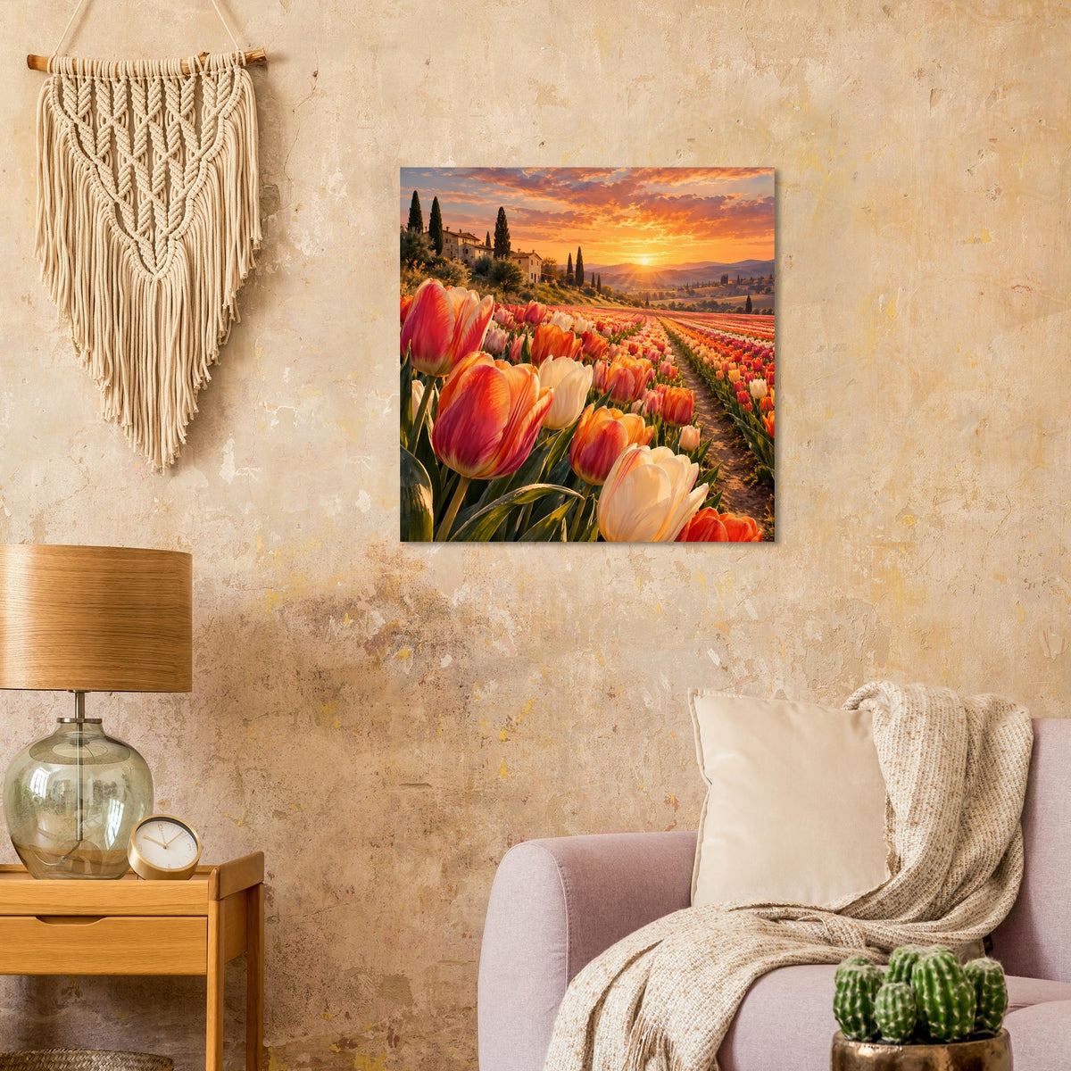 Quadratisches Poster mit Tulpenreihe und tief stehender Sonne am Horizont