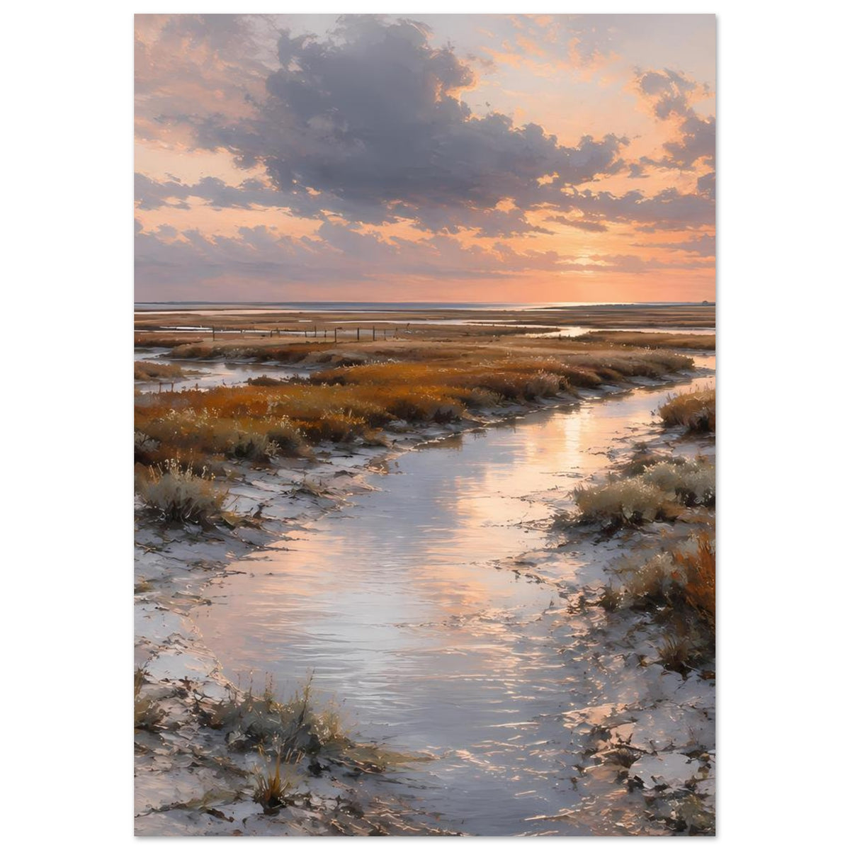 Hochformat-Poster: Dünen, heller Fluss und Leuchtturm bei warmem Abendlicht