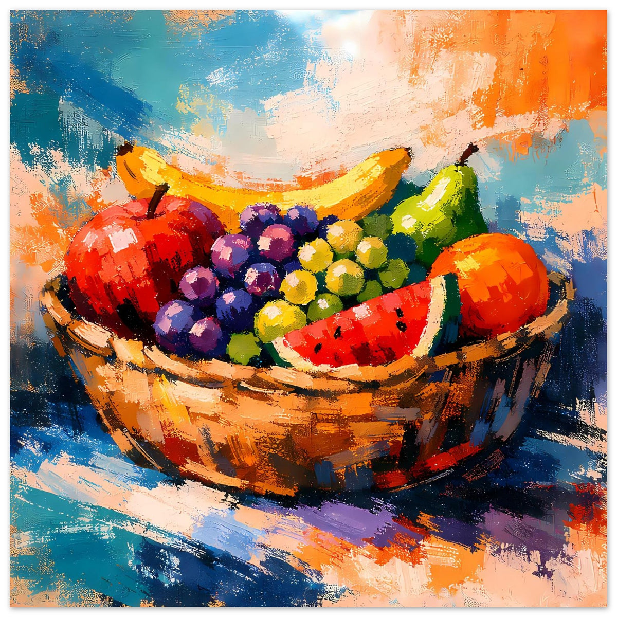 Poster mit Farbmalerei von Obstkorb: Trauben, Wassermelonenscheibe und grüne Zitrusfrüchte