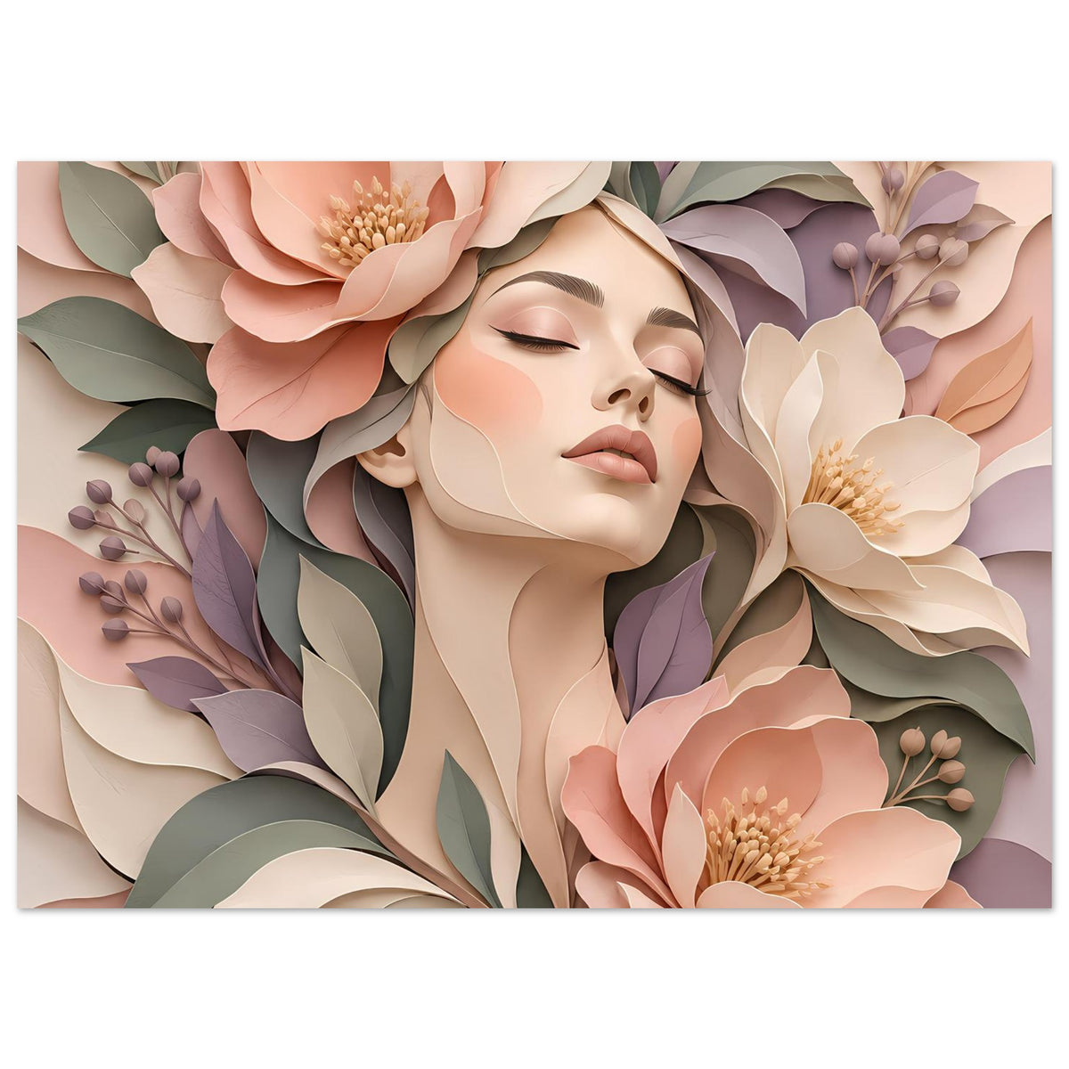 Florales Portraitposter mit Frauenkopf und geschlossenen Augen, umrankt von Pastellblumen und Blättern