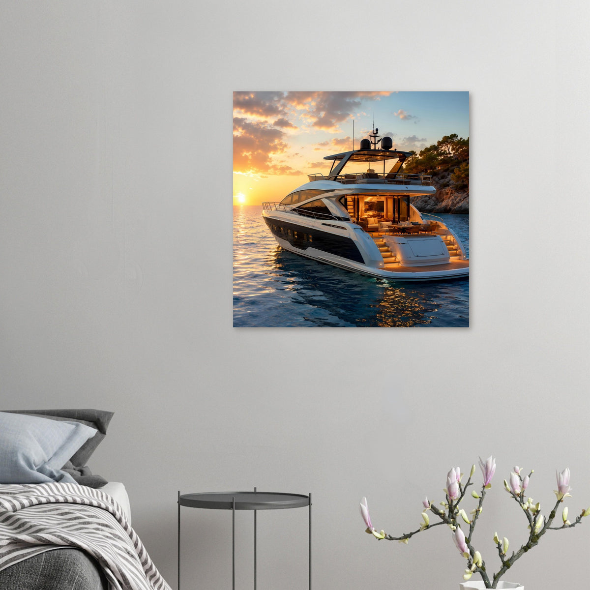 Motoryacht-Poster (klein) mit weißem Boot und warm beleuchteter Lounge auf See