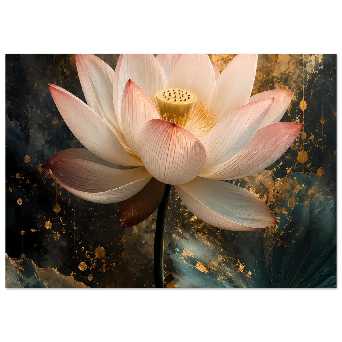 Quadratisches Poster mit weißer Lotusblüte, goldakzentuiertem Blütenkern
