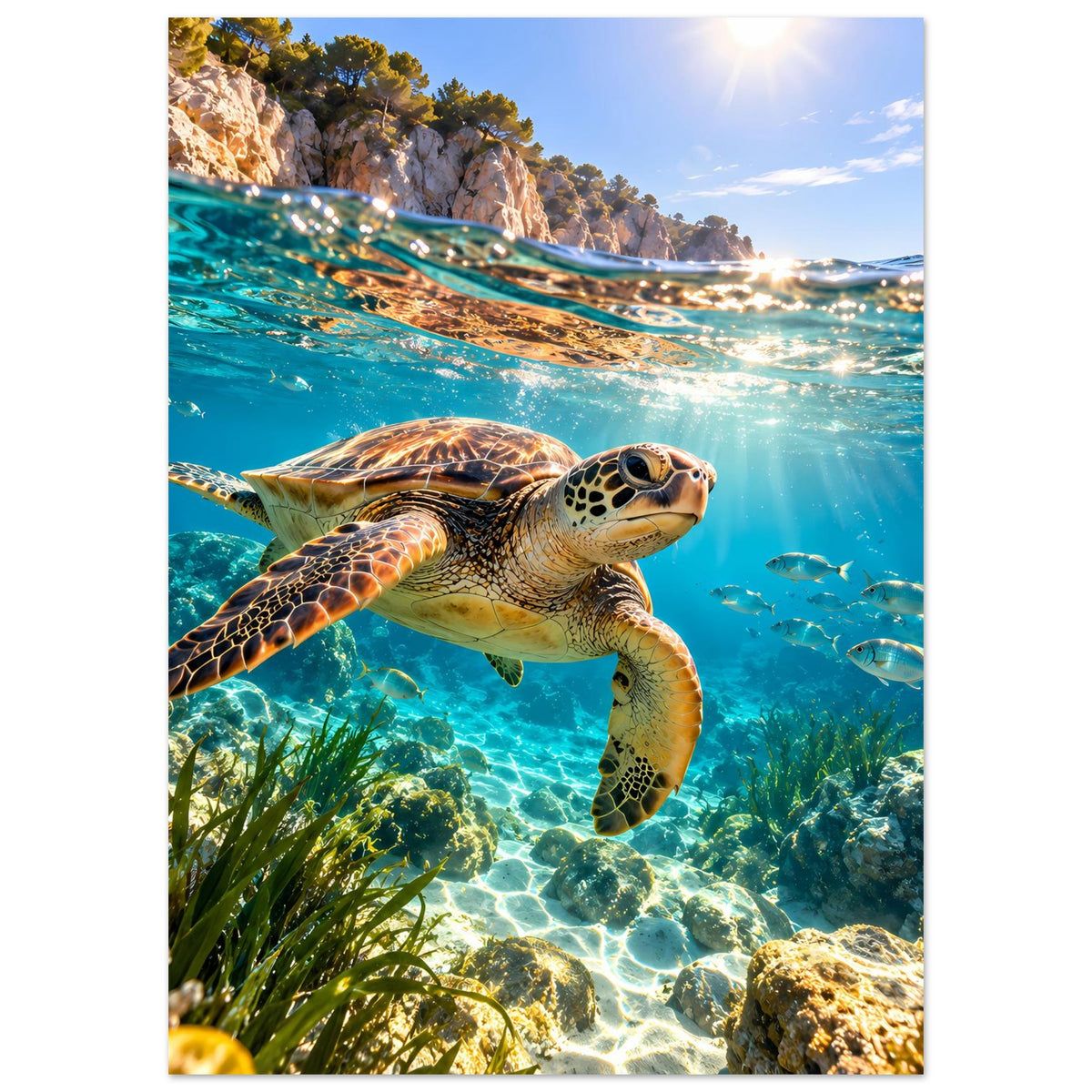 Meeresschildkröten-Poster (Hochformat): Schildkröte im Wasser, umringt von kleinen Schwarmfischen
