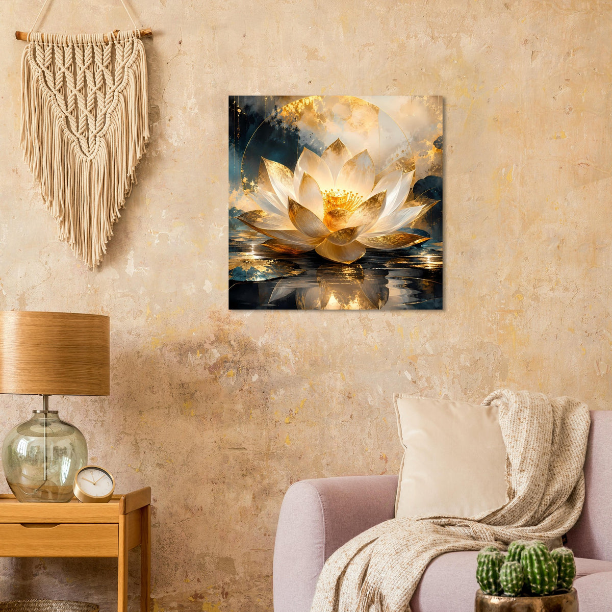 Quadratisches Kunstposter mit Lotusblüte in Weiß und Gold auf spiegelndem Wasser
