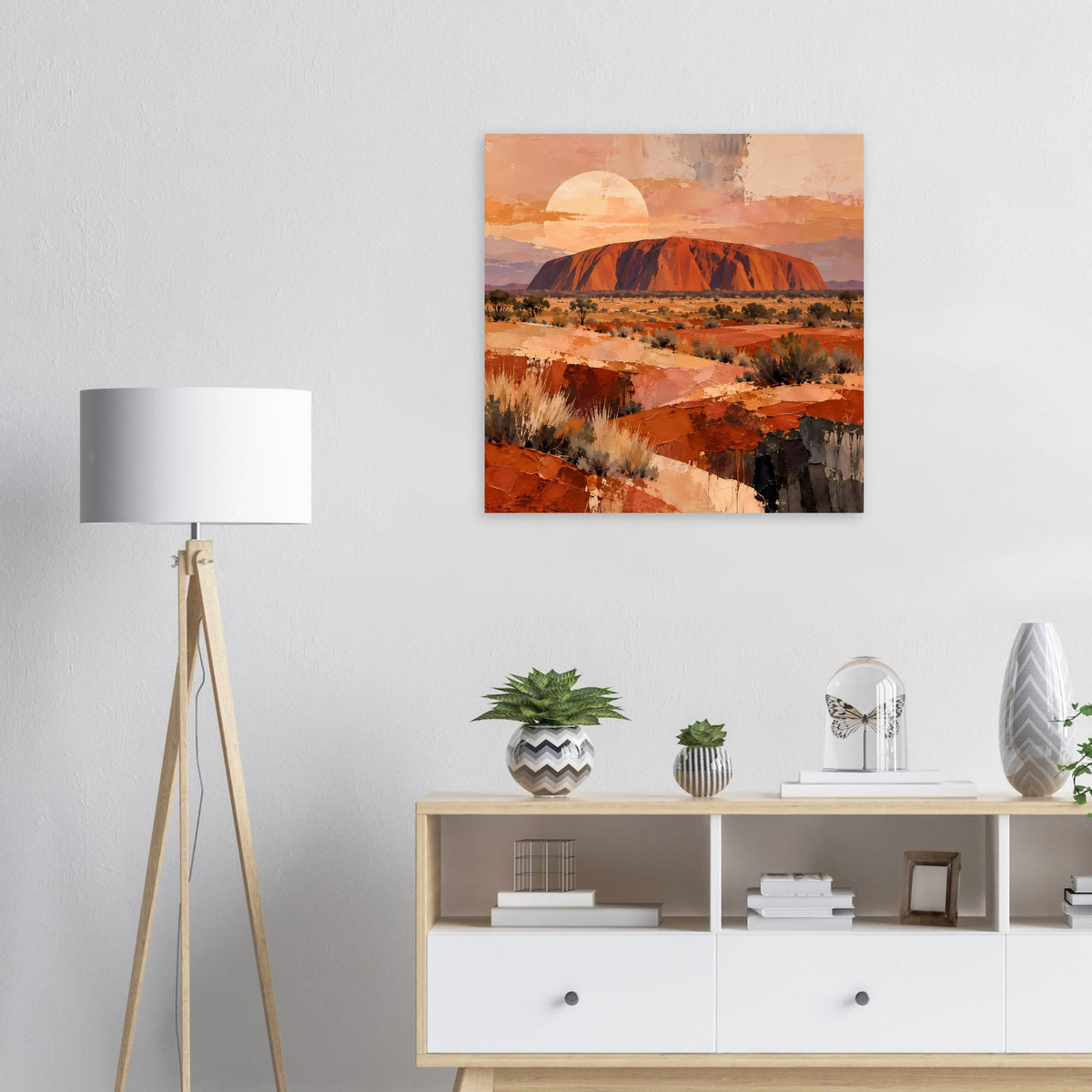 Wüstenlandschafts-Poster mit Uluru, warmen Erdtönen und Sonne, quadratisch