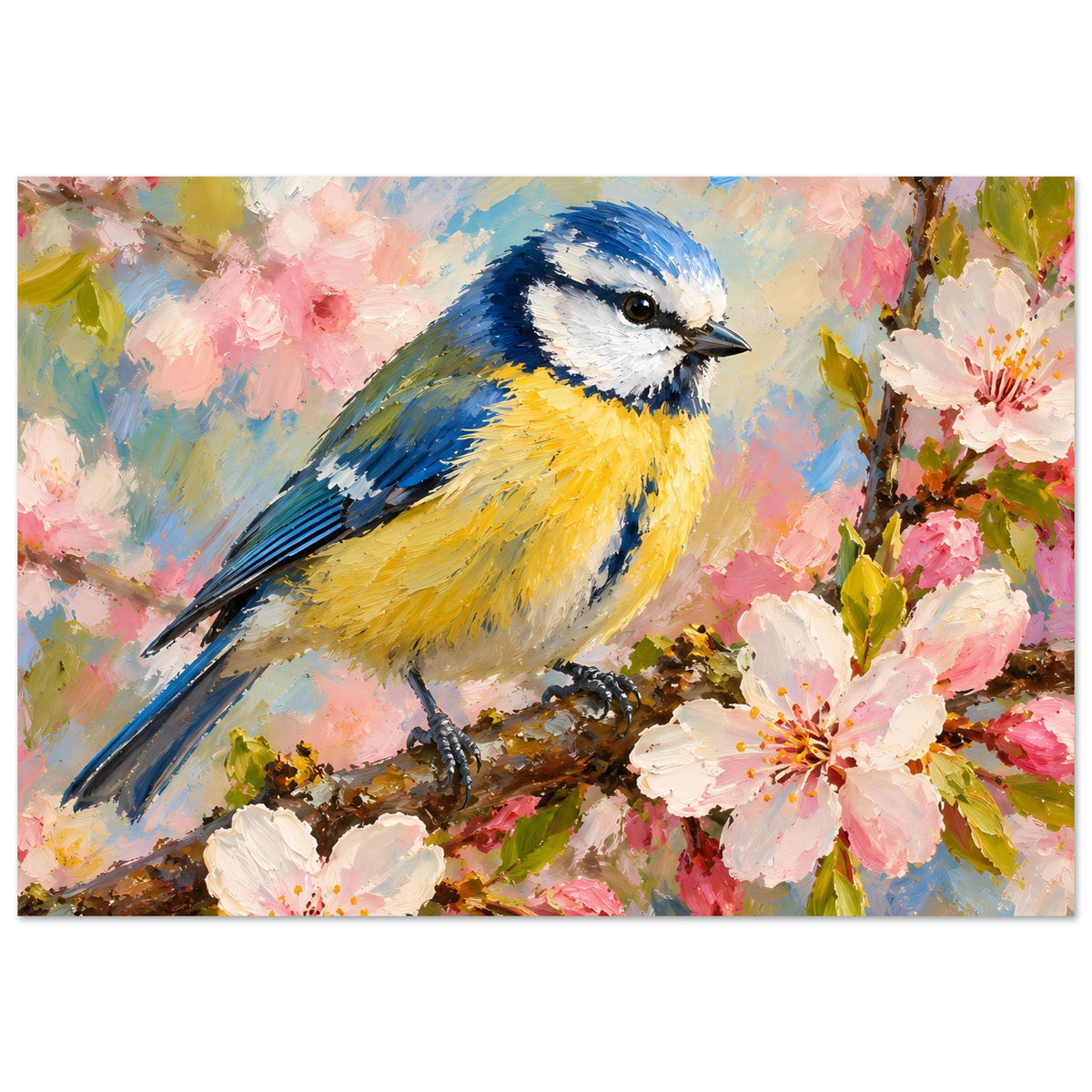 Vogelposter im Querformat: blauer und gelber Vogel auf Zweig mit rosa Kirschblüten