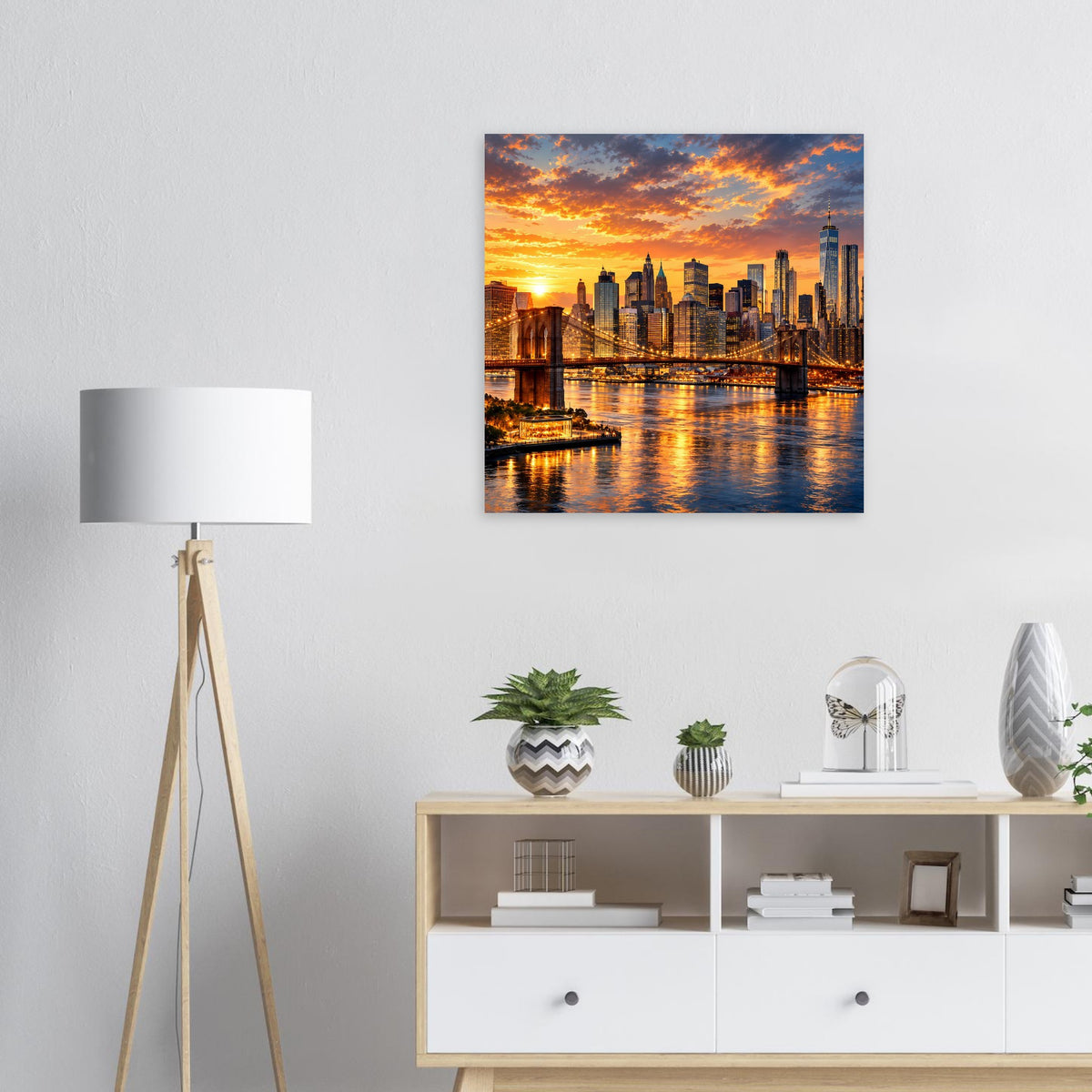 Quadratisches Poster mit City-Skyline bei Sonnenuntergang und spiegelndem Fluss