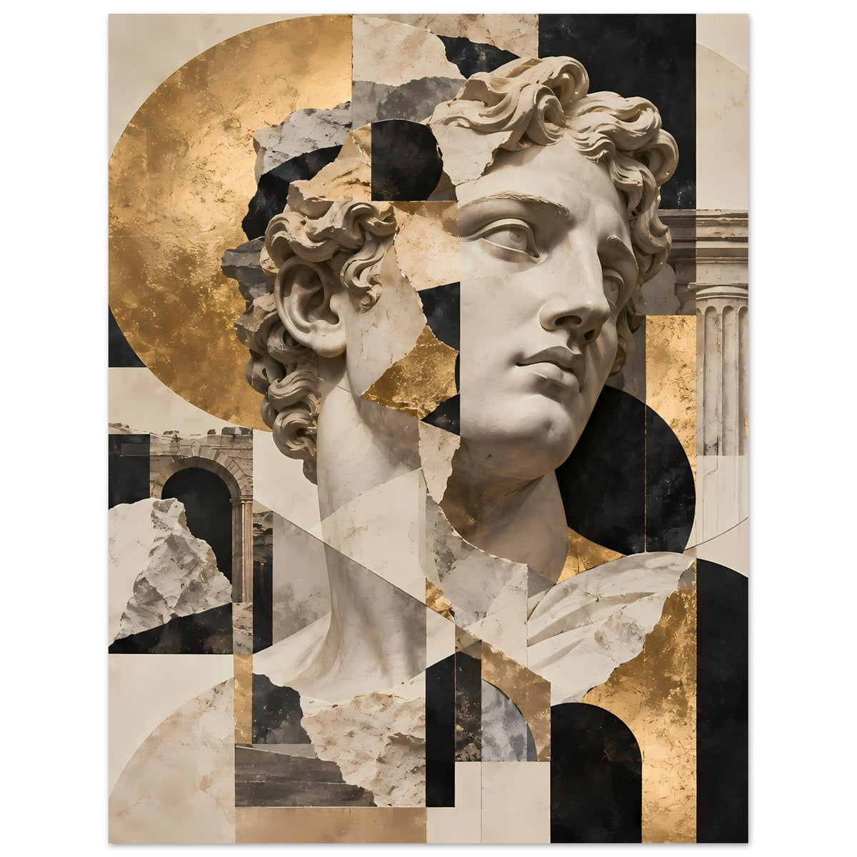 Kunstposter mit antiker Statue im Close-up: Gesicht und Marmor-Detail in Beige, Schwarz, Gold