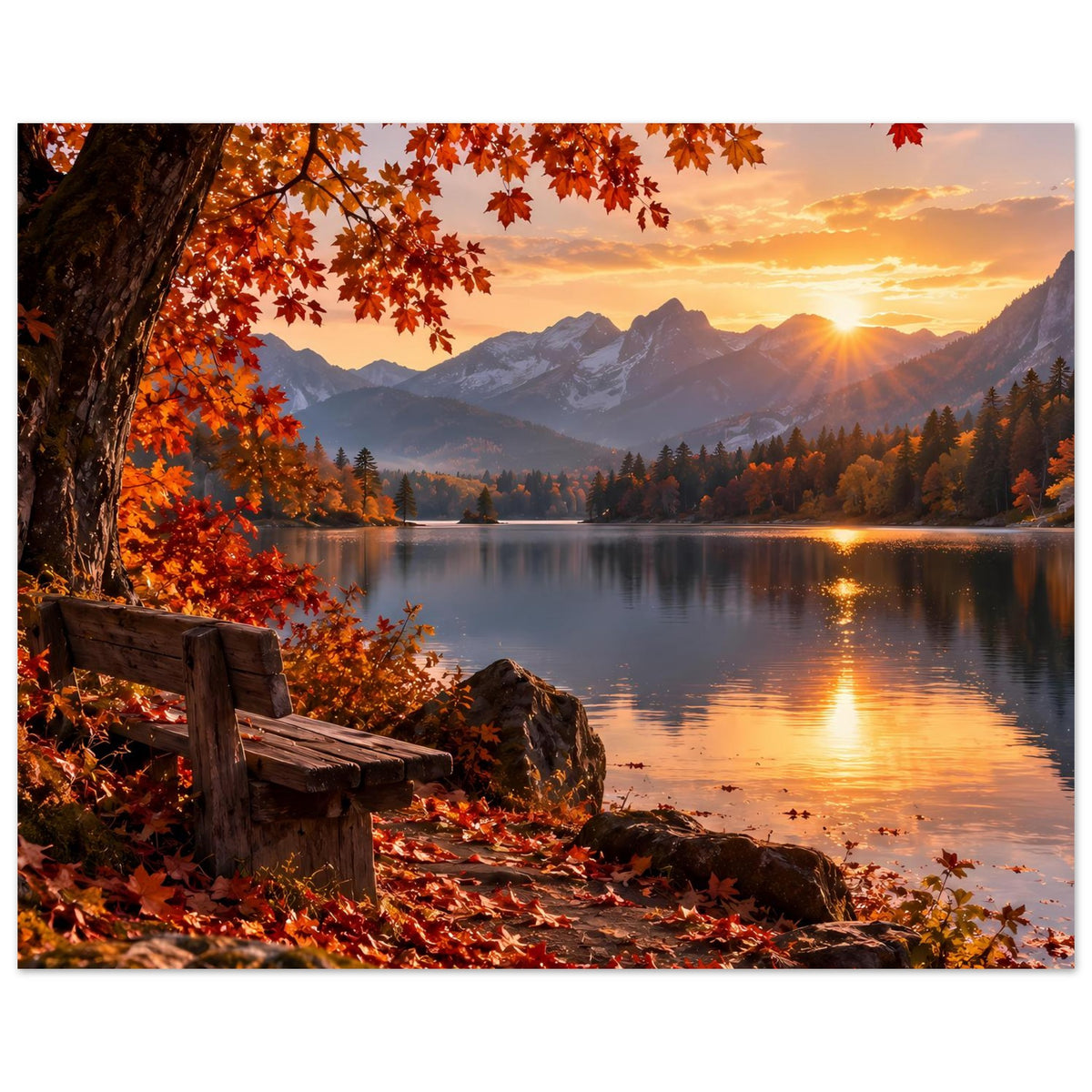Herbst-Landschaftsposter mit Seeufer und Holzzaun, Berge im Hintergrund, orange Sonne
