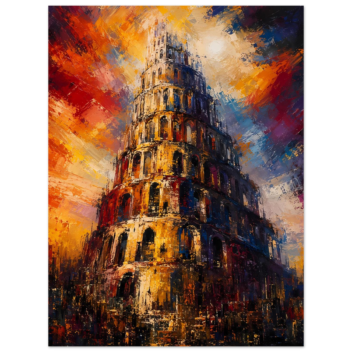 Wandposter Turm von Babel mit kräftigen Pinselstrichen in Orange, Blau und Gelb, vertikal
