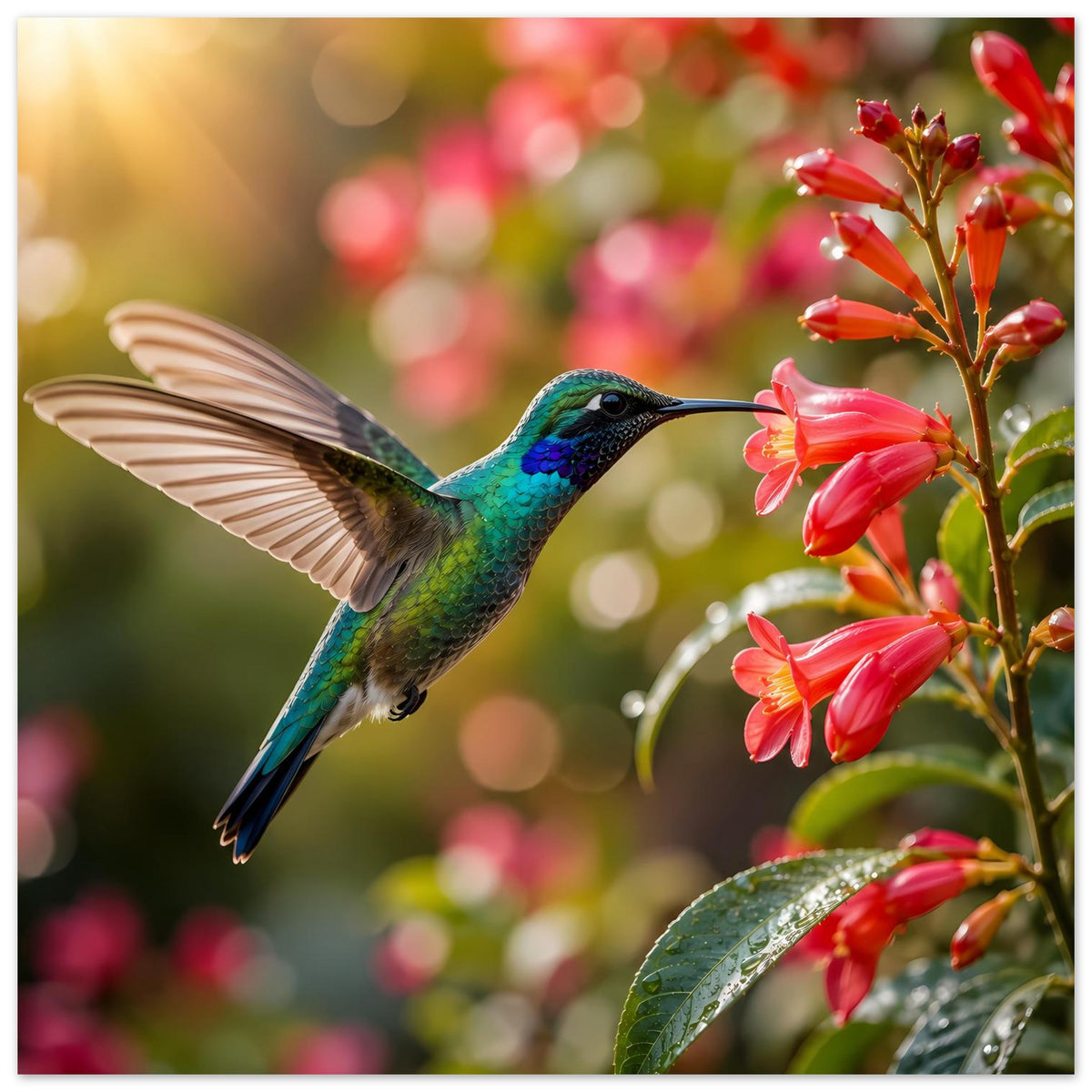 Poster: Kolibri im Flug über roten Blüten, mit grünen Blättern und Federdetails