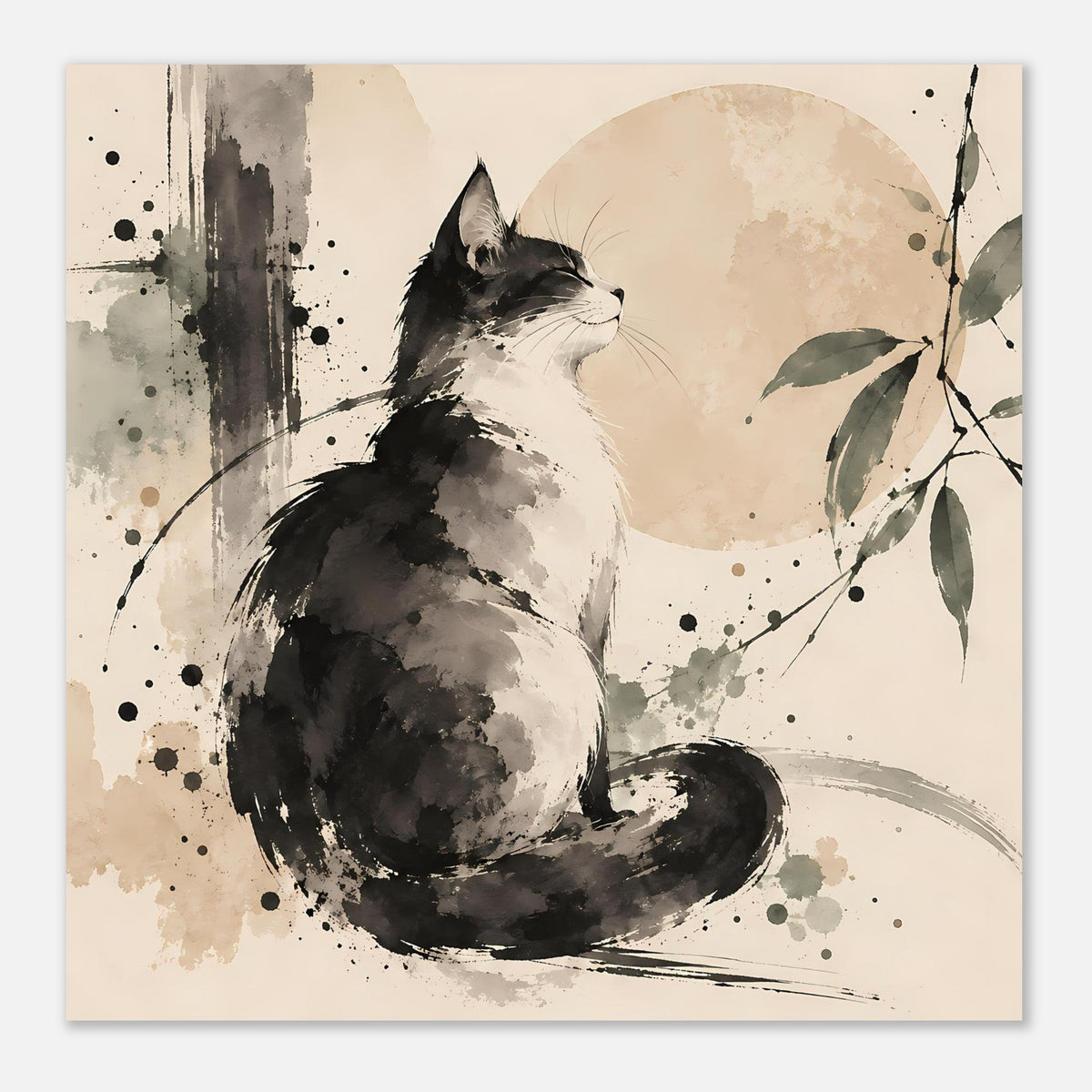 Poster mit Katze im Aquarellstil, runde Mondform im Hintergrund, schwarze Illustration, quadratisch
