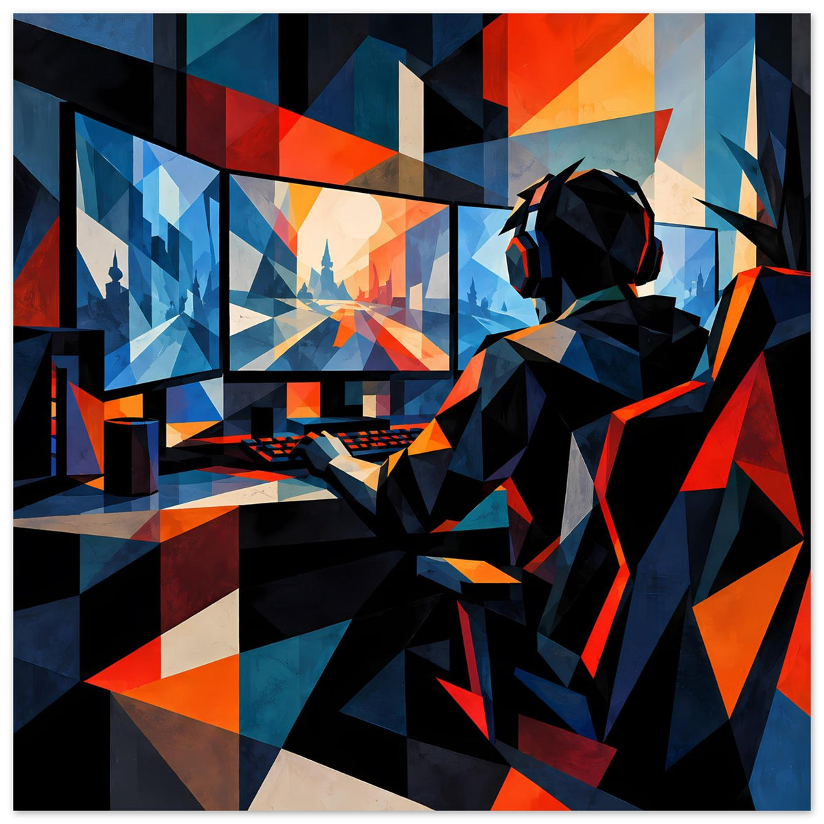 Gaming-Poster mit geometrischem Gamer-Motiv, Kopfhörer, Blau und Orange