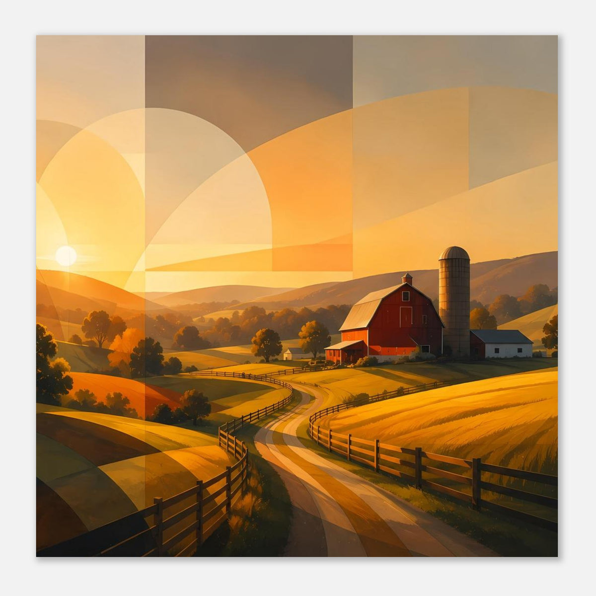 Abstraktes Poster mit Landschaft: rote Scheune, Felder, Zaunwege und warme Sonnenformen
