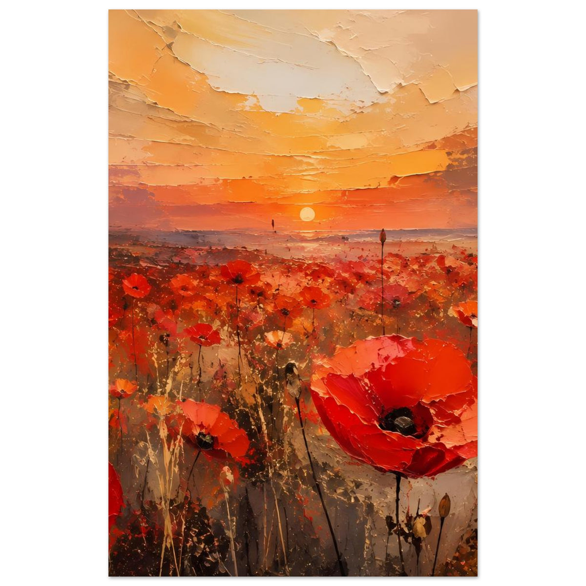 Vertikales Wandposter mit roten Mohnblumen und orangegelbem Himmel