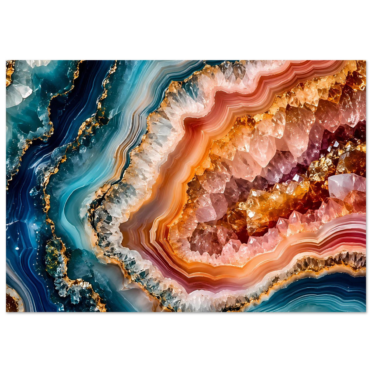 Poster mit Geoden-Kristallkunst: violett-rosa Kristalle, orange Schichtlinien, goldene Details