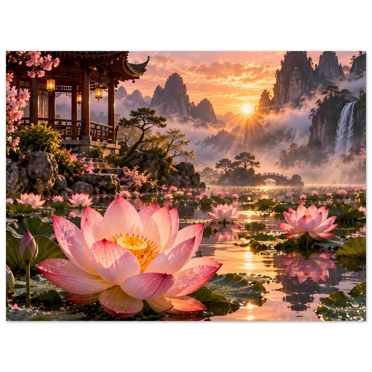 Poster mit rosa Lotusblüten, Tempelpavillon links und Fluss mit Lichtreflexen
