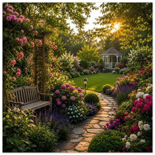 Gartenposter mit blühenden Blumen, Steinweg, Gartenbank und Laterne im Vordergrund