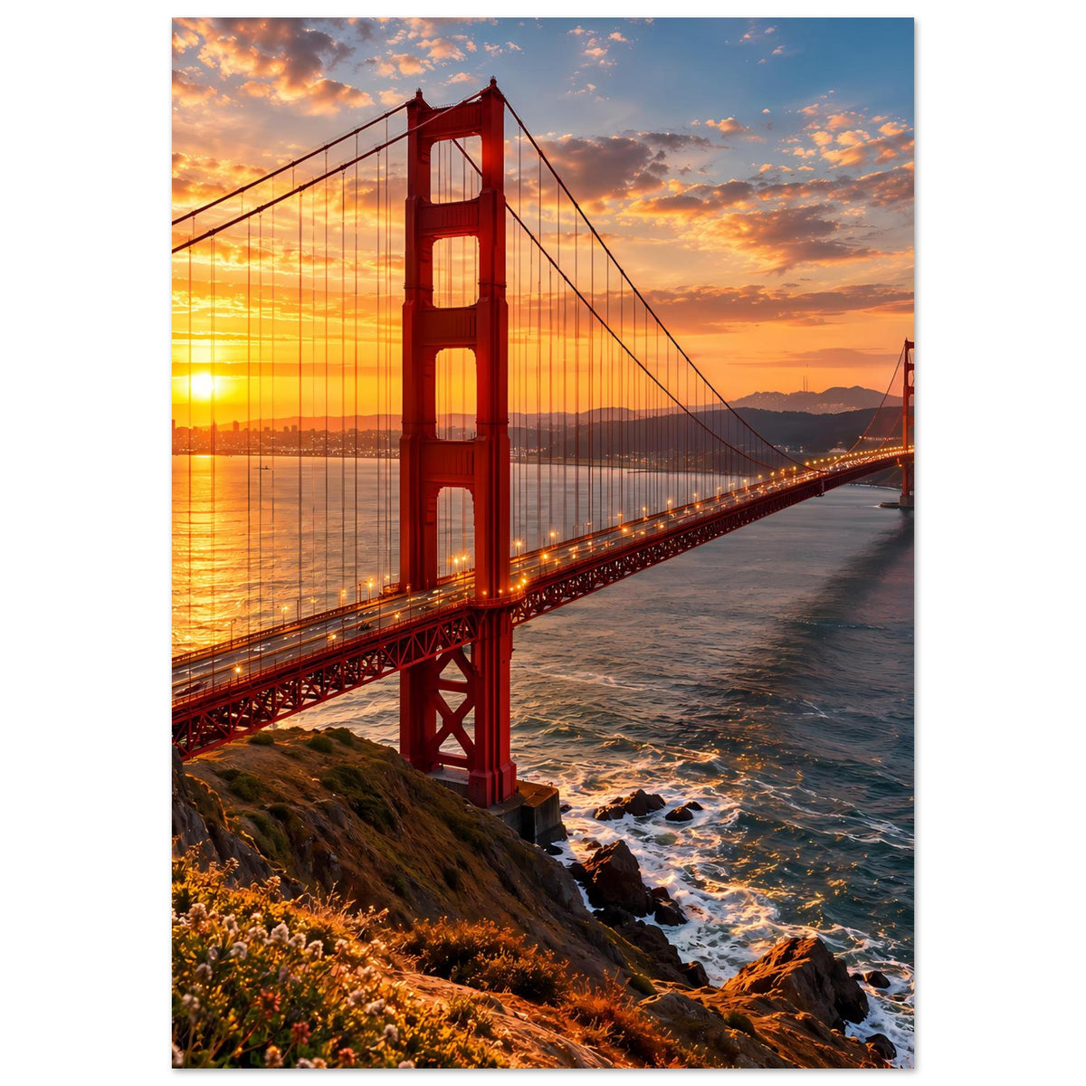 Wandposter mit Golden Gate Bridge bei Sonnenuntergang, rot leuchtender Hauptturm, Hochformat