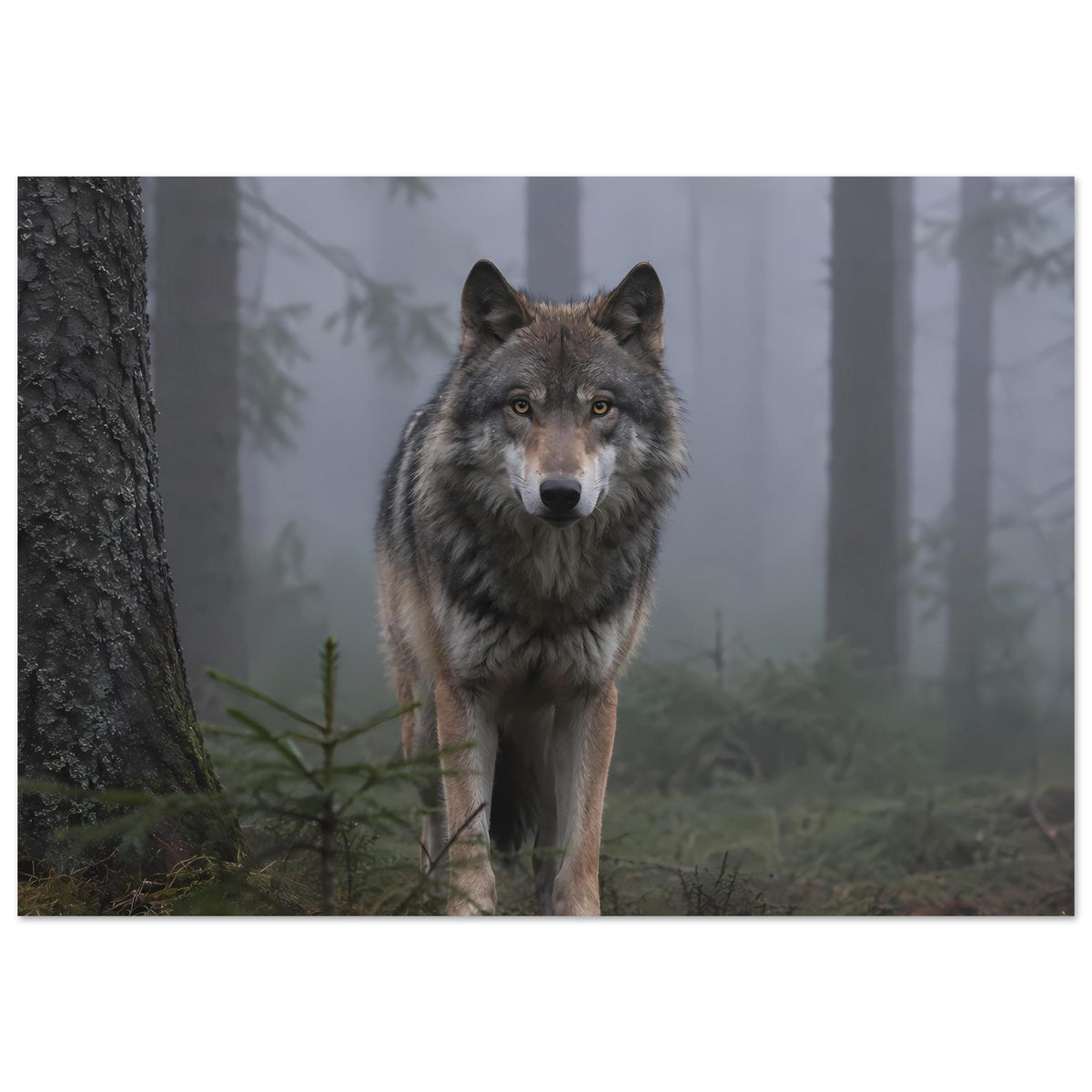 Wolfsposter im vertikalen Format: grauer Wolf steht vorn, umgeben von Waldpflanzen.
