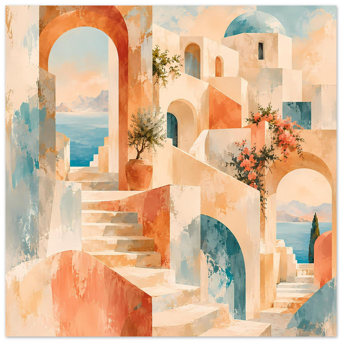 Kunstposter mit mediterraner Treppe, Fassadenbögen, blühenden Sträuchern und Türnischen