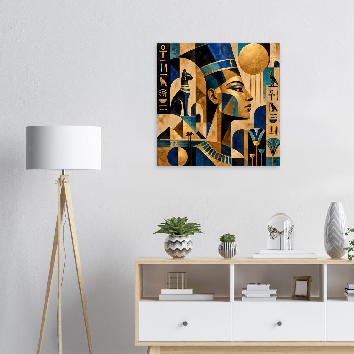 Quadratisches Wandposter mit ägyptischem Profilgesicht seitlich, Blau-Gold im Design