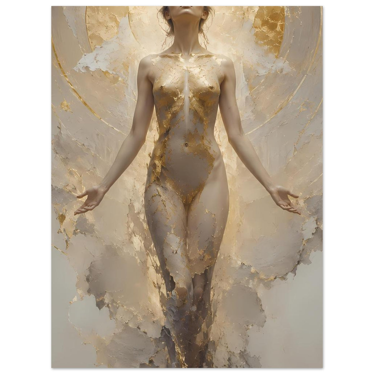 Schwebende Frauenfigur im Poster, goldverzierte Silhouette mit seitlich ausgestreckten Armen