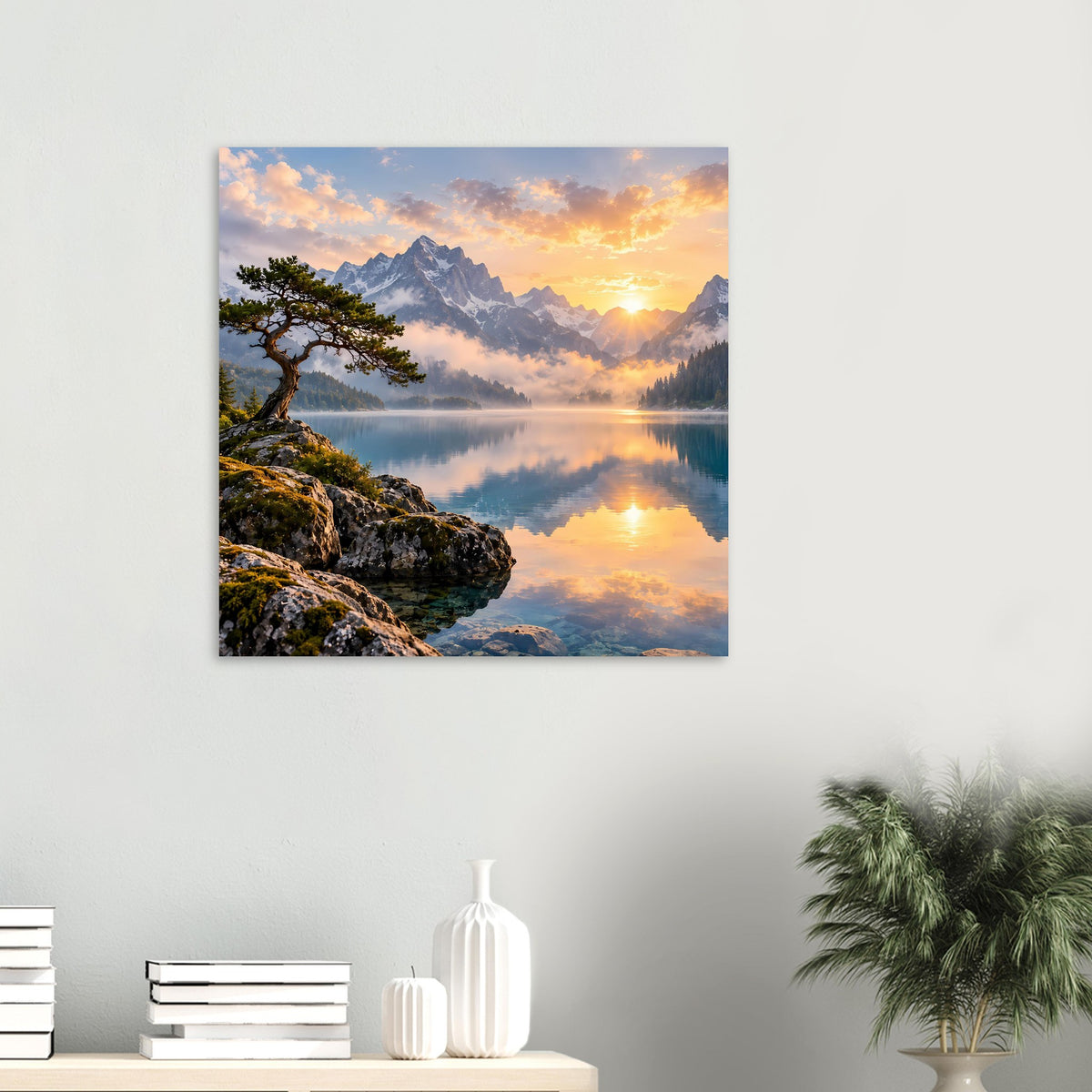 Poster im Quadrat mit Sonnenaufgang über Bergsee, Baum, Felsen und See-Reflexion